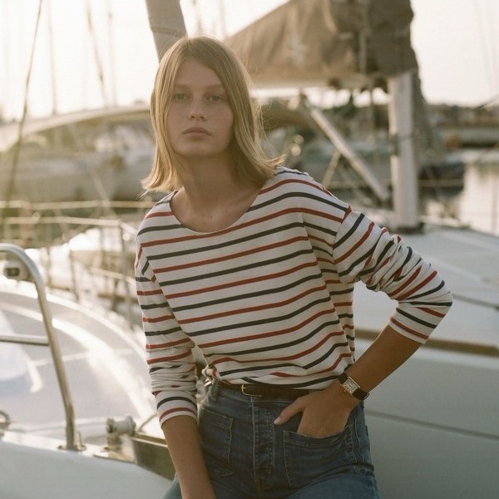 Nili Lotan Cream Long Sleeve Stripe Boatneck Top with Red & Navy - Picture 2 of 3